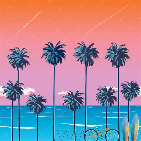 Premium Vector Sunset On The Beach With Palm Trees Turquoise Ocean
