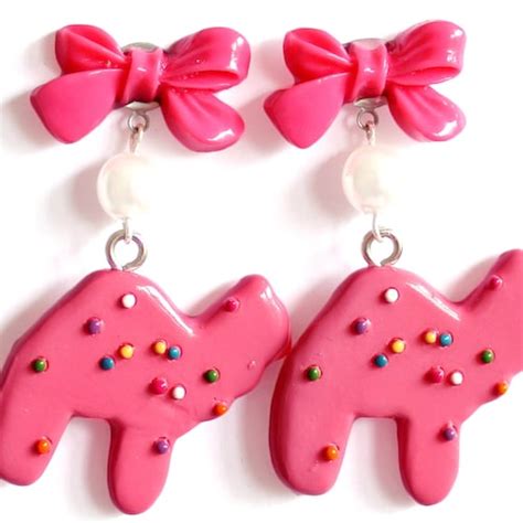 Pink Animal Cookie Earrings With Bows Rockabilly Pin Up Etsy