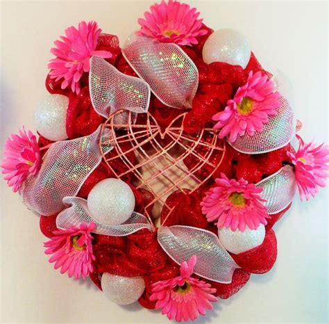 Red Deco Mesh Valentines Day Wreath Surrounding A Pink Glittered Metal