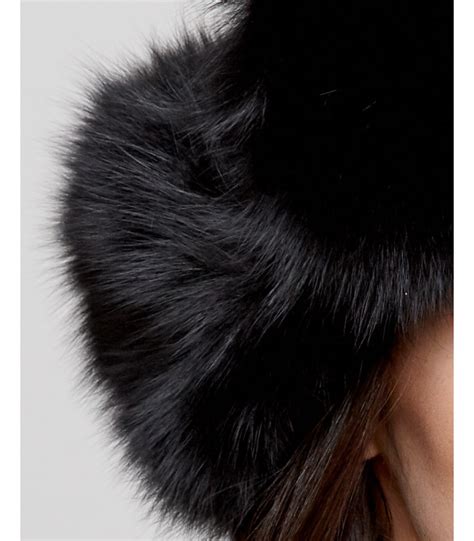 Womens Black Fox Fur Excursion Trapper Hat With Pom Pom