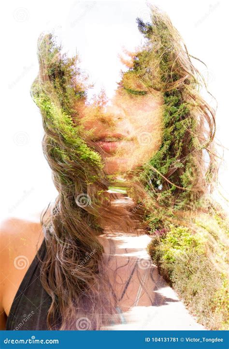 Double Exposure Of A Young Natural Beauty Uniquely Combined Stock Image