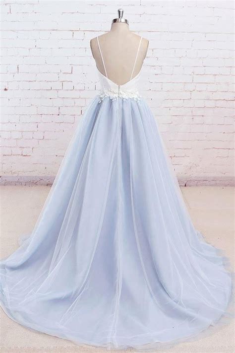 Spaghetti Strap Light Blue Tulle Prom Dresses With Appliques N1427