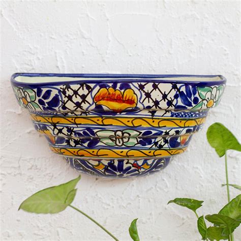 Half Round Talavera Style Ceramic Wall Planter Cobalt Flowers Novica