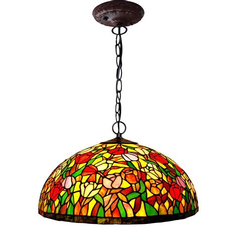 Bieye L10298 20 Inches Tulip Tiffany Style Stained Glass Ceiling Pendant Fixture With Length