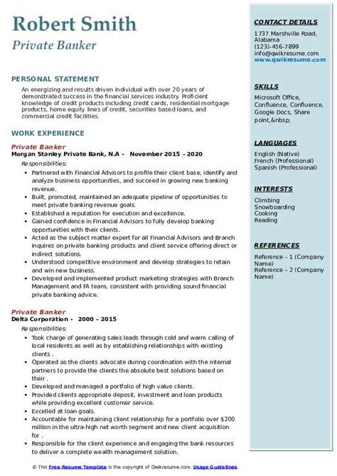 Private Banker Resume Samples Qwikresume