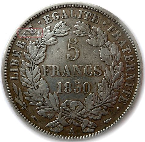 France Coin 1850 A Paris 5 Francs Silver Ceres Grade Vf