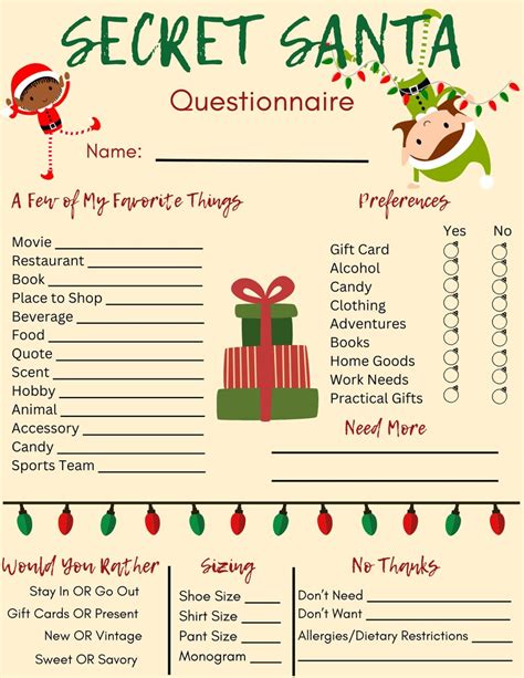 Secret Santa Questionnaire Holiday Christmas Gift Exchange Etsy Ireland