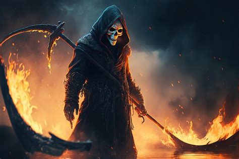 Grim Reaper With His Scythe In A Lake Of Flames Digital Art By John