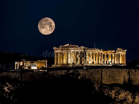 Parthenon Of Athens At Night With Full Moon Stock Image Image Of