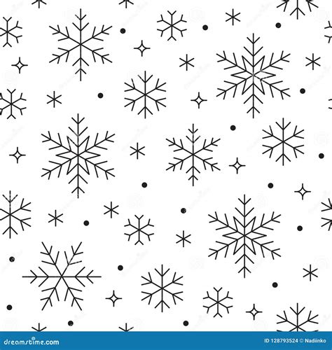 Seamless Pattern With Black Snowflakes On White Background Flat Line