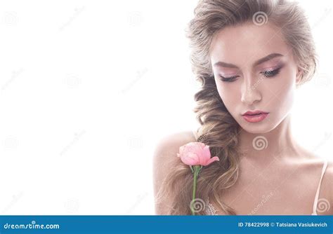 Beautiful Girl In Image Of Bride With Flower Model With Nude Makeup