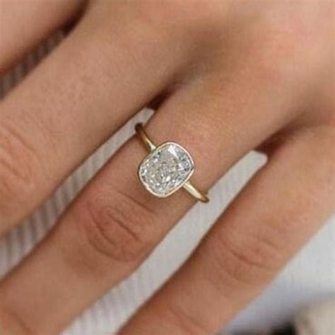 Elongated Cushion Cut Diamond Ring Bezel Set Wedding Ring Hidden Halo