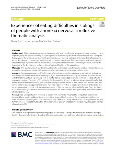 Pdf Experiences Of Eating Difficulties In Siblings Of People With