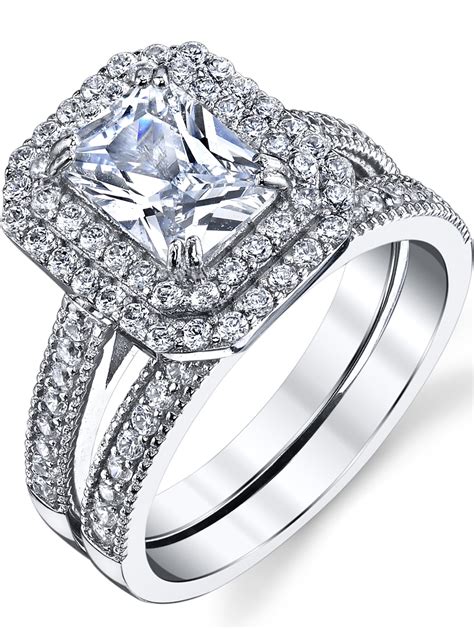 Womens 2 Carat Emerald Cut Sterling Silver Cubic Zirconia Wedding Ring Engagement Band Bridal