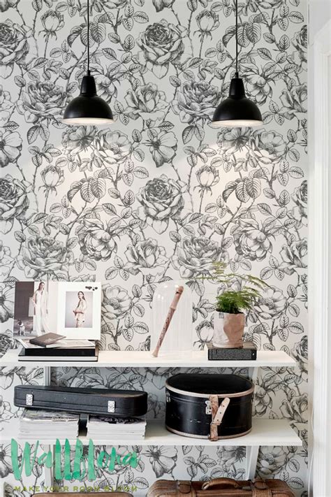 Peel And Stick Wallpaper With Black And White Roses Prints Etsy