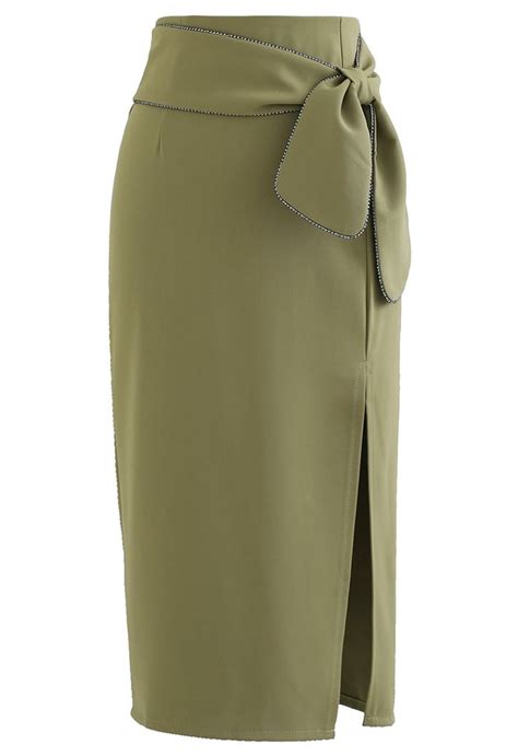 Crystal Edge Knotted Waist Split Pencil Skirt In Army Green Retro Indie And Unique Fashion