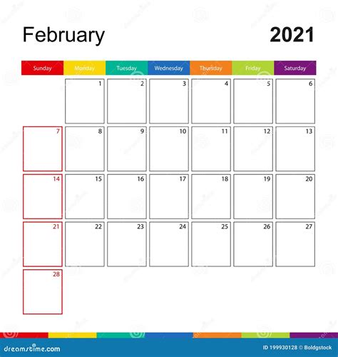 Febrero 2021 Calendario Colorido De La Pared La Semana Comienza El Domingo Ilustración Del