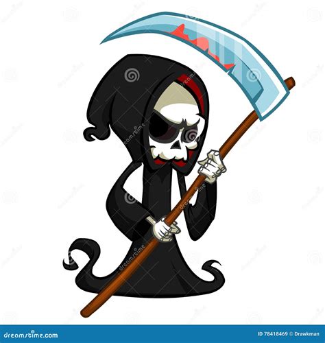 Cute Cartoon Grim Reaper With Scythe Isolated On White Cute Halloween