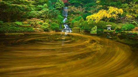 Waterfall And Garden Nature Landscape Water Trees Hd Wallpaper
