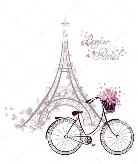 Bonjour Paris Texto Con Torre Eiffel Y Bicicleta Postc Romántico