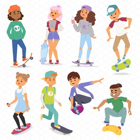 Skateboard Characters Set Vector Illustrator Graphics ~ Creative Market