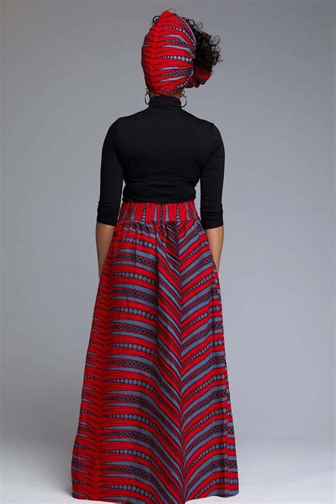 Cyrah African Print Maxi Skirt With Sash Red Grey Stripes Diyanu African Print Maxi Skirt
