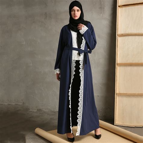 Muslim Lace Maxi Dress Open Abaya Flower Cardigan Long Robes Tunic