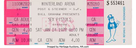 Sex Pistols Winterland Unused Concert Ticket Bill Graham 1978 Lot