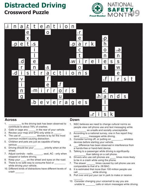 Distracted Driving Crossword Puzzle Template With Answers