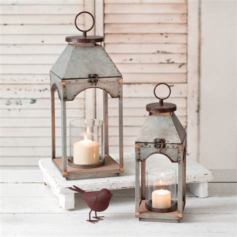 Farmhouse Vintage Set Of Two Galvanized Candle Lanterns With Wood Base