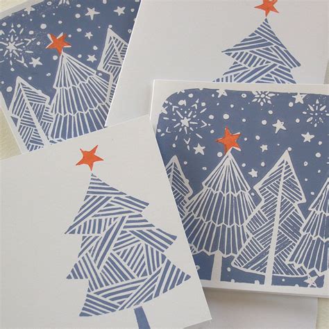 Christmas Tree Hand Printed Cards Pack Of 4 Print Christmas Card