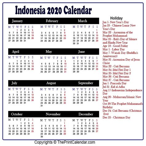 Calendar 2020 Indonesia Indonesia 2020 Yearly Printable Calendar