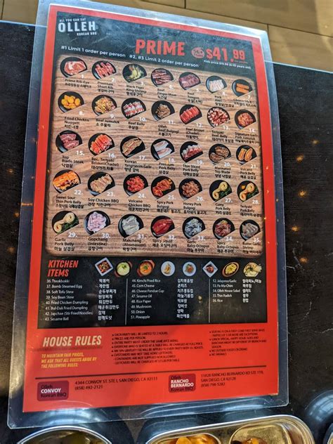 Menu at Olleh CONVOY Korean BBQ, San Diego