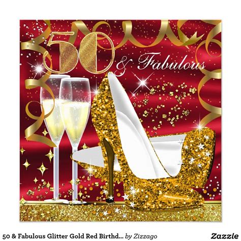 50 And Fabulous Glitter Gold Red Birthday Invite Glitz And