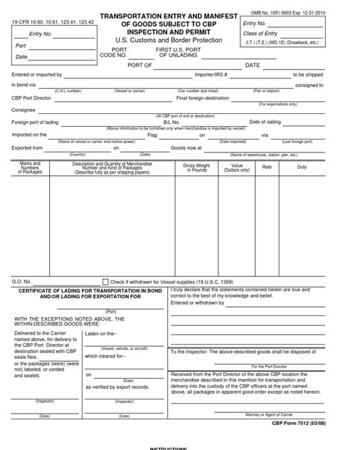 Us Customs Form Cbp Form 7512 Transportation Entry