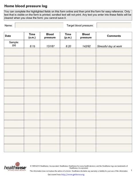 Home Blood Pressure Record Sheet Download Blood Pressure Chart For