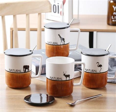 Natural Animals Beautiful Ceramic Mug With Lid Spoon Milk Coffee