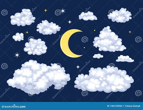 Night Sky Set Clouds Of Different Shapes And Moon Stock Vector