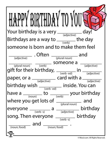 When a word should be replaced, write the type of word with brackets around it. 12 Funny Birthday Mad Libs | KittyBabyLove.com