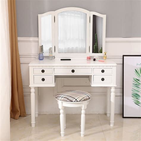 Urhomepro White Vanity Sets With Mirror And Bench Modern Vanity Desk