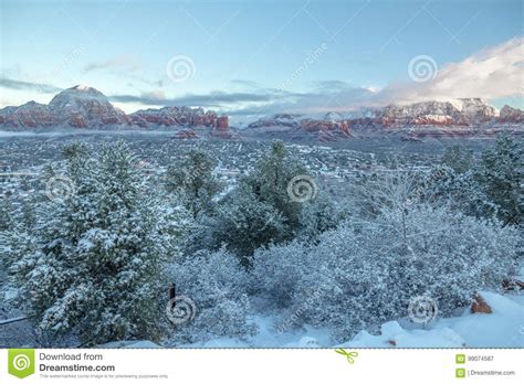 Sedona And Its Famous Red Rocks After Snowfall Stock Image Image Of