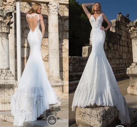 2015 Sexy Backless Wedding Dresses Mermaid Sweep Train Lace Applique V Neck Chiffon Open Back
