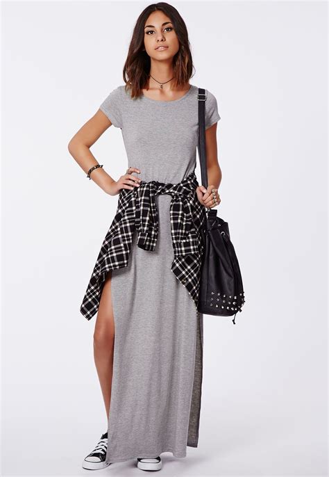Missguided Krista T Shirt Style Side Split Maxi Dress Grey Grey