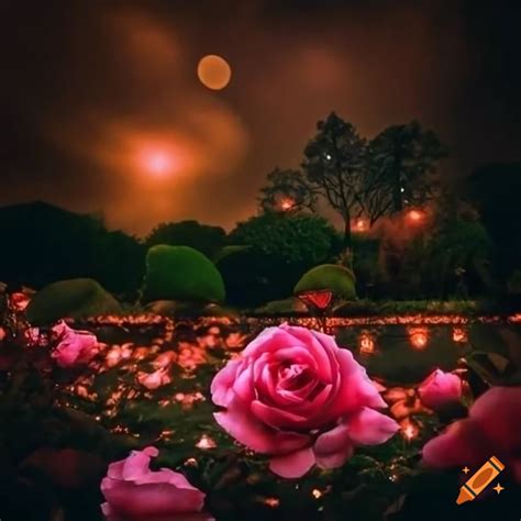 Night View Of A Beautiful Rose Garden On Craiyon