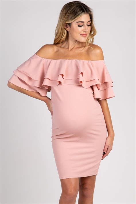 light pink layered ruffle off shoulder fitted maternity dress fitted maternity dress stylish