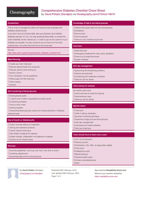 Comprehensive Diabetes Checklist Cheat Sheet By Davidpol Download