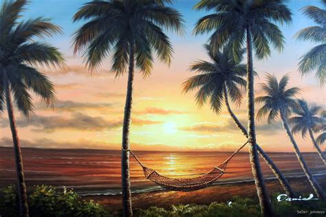 Hawaii Sunset Beach Island Shore Palm Tree Hammock