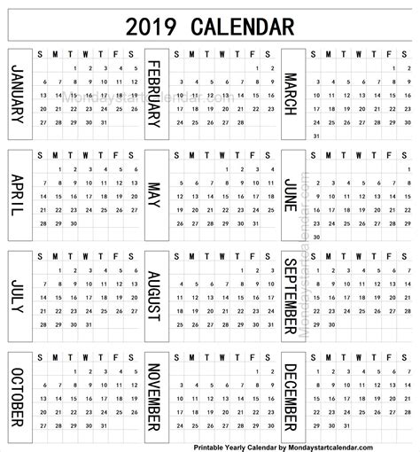 2019 Calendar Year Portrait Printable Yearly Calendar Annual Calendar