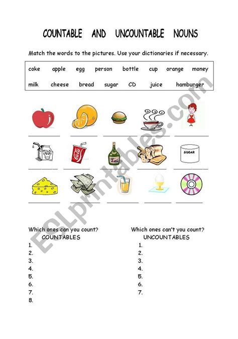 English Worksheets Countable Uncountable Nouns