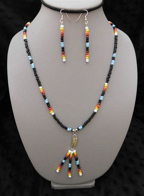 25 Matte Black Native American Glass Seed Bead Necklace And Earring